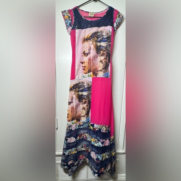 R23 by Jini Mini Pink Blue Floral Semi Sheer Model Photo Maxi Sequin Dress M - Picture 1 of 11